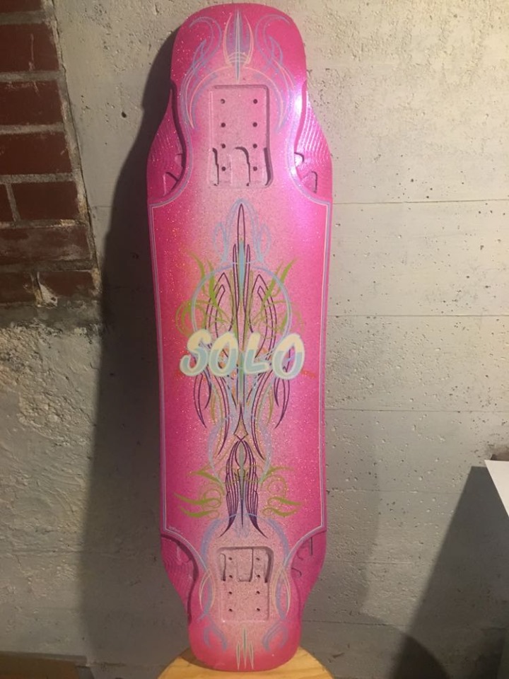 Skate deck flaked, lettered and pinstriped